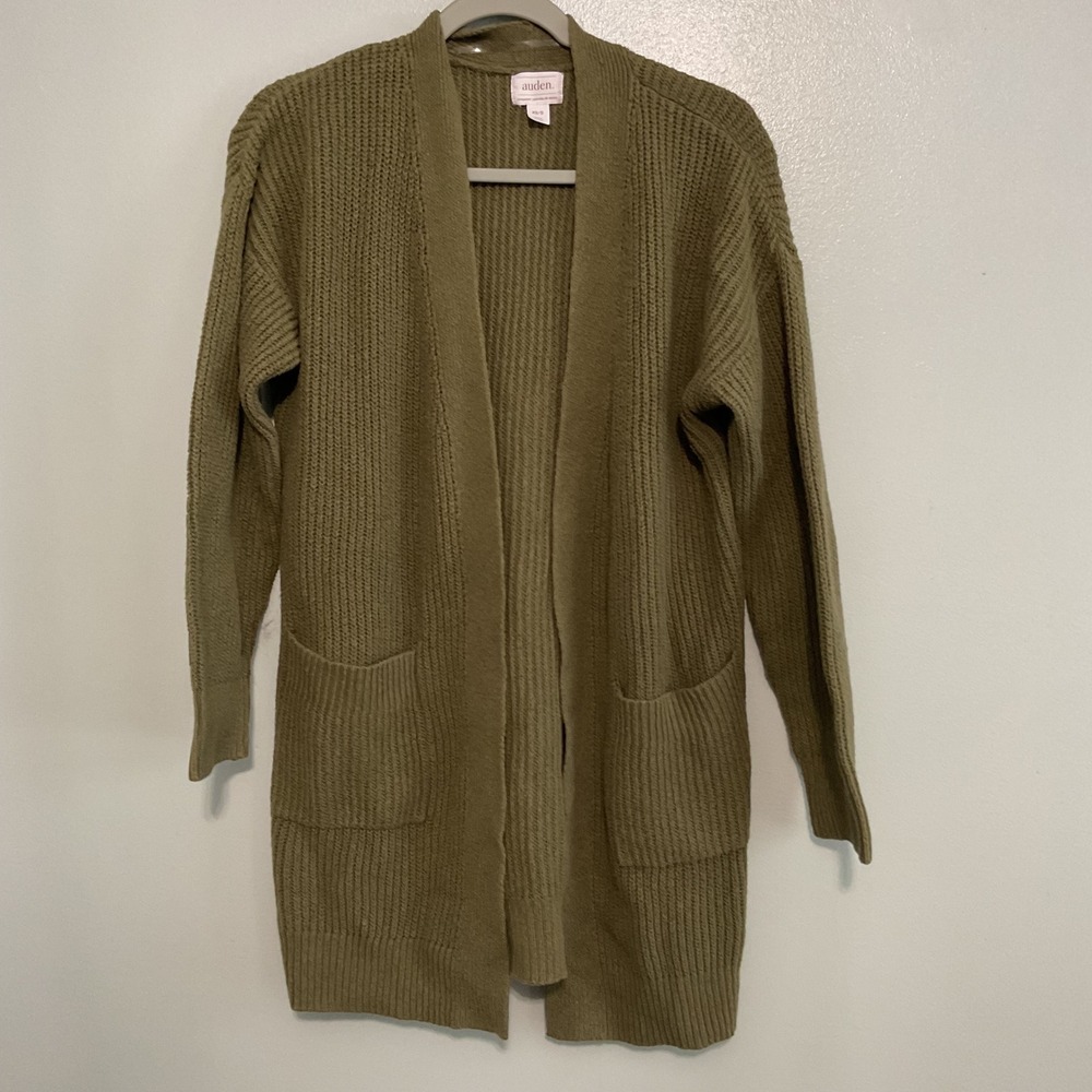 Auden Cardigan Sweater Womens XS/S‎ Olive Green Open Front Longline Shaker Knit